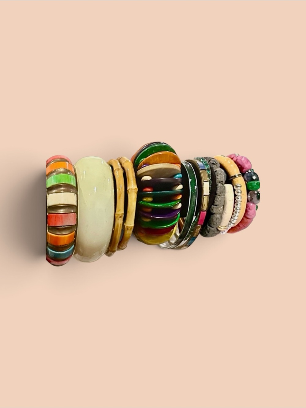 Vintage Chunky Boho Bangle Bracelet Stack Colorful Rhinestone Bamboo Wood 8 Pc